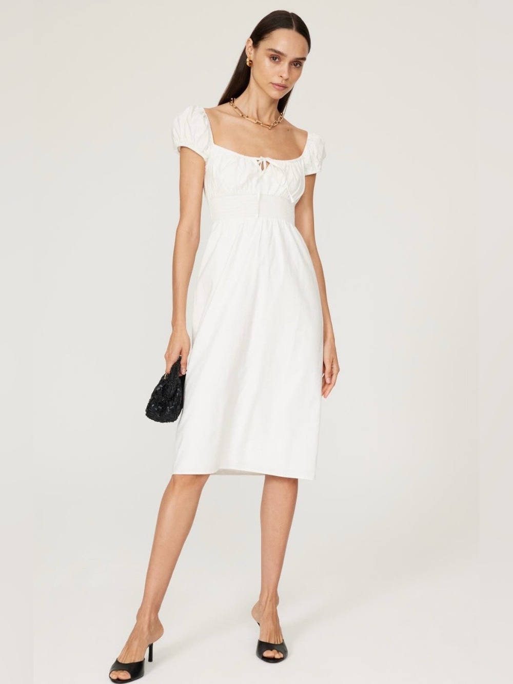 Reformation~Ama~White Square-Neck Midi Dress with Puff Sleeves~Size 6~$198~